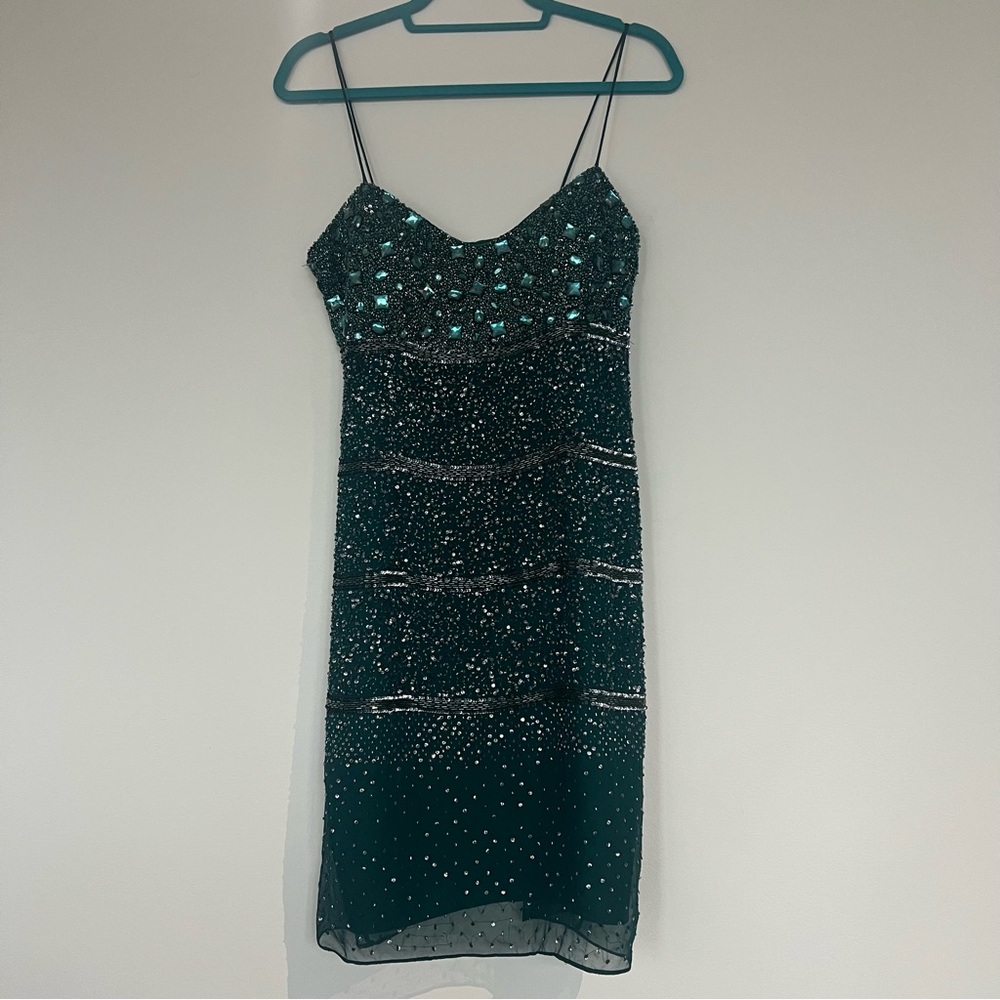 NWT Aidan Mattox Green Embellished Gem Sequin Crystal Chiffon Dress